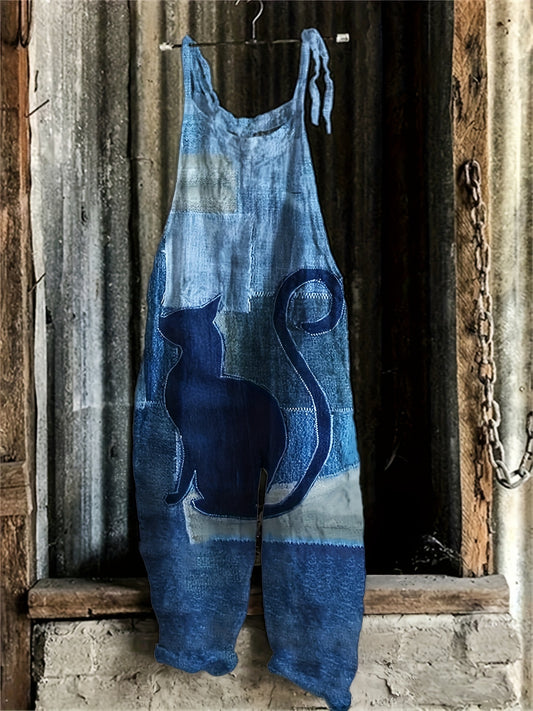 Plus Denim & Cat Print Tie Shoulder Jumpsuit