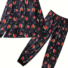  Watermelon & Heart Print Long Sleeve Lounge Set