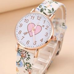 Flower Pattern PU Watch & Heart Ornament for Daily Use