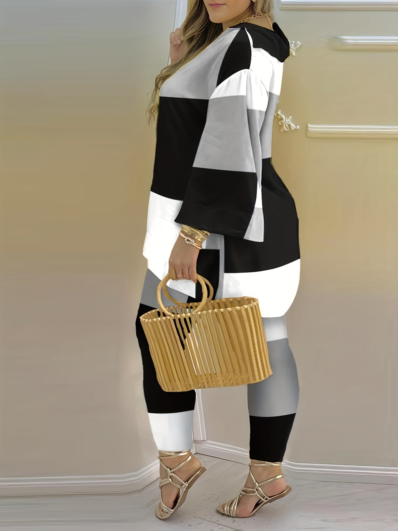  Colorblock Bell Sleeve V Neck Top & Pants Set