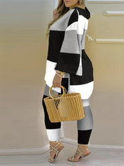  Colorblock Bell Sleeve V Neck Top & Pants Set