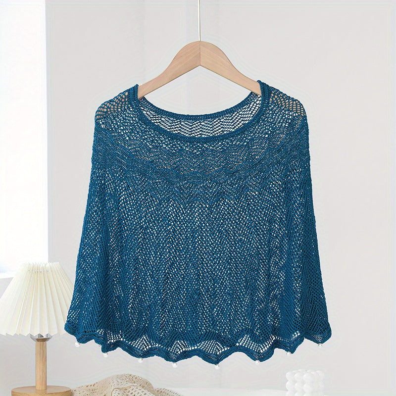 Faux Pearl Decor Shawl Solid Knitted Warm Wraps Wavy Cape for Women