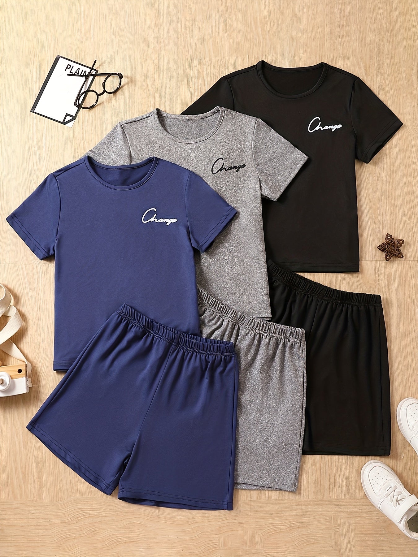 3pcs Boys Casual CHANGE Graphic Print T shirt&Shorts Set Summer Kids Clothing