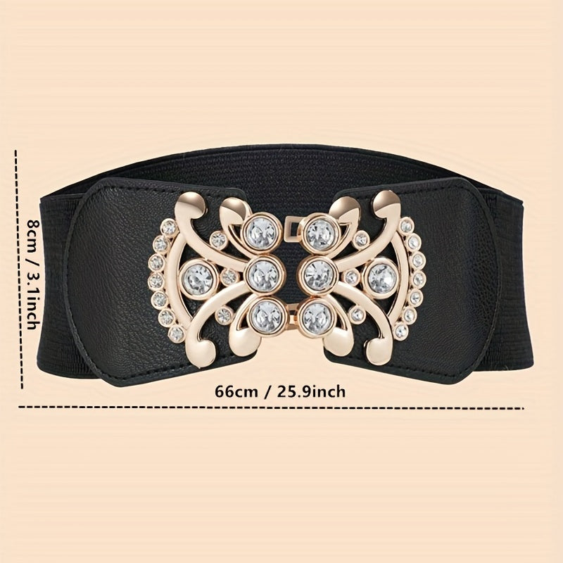 Rhinestone Decor Buckle Belt Elastic Wide Waistband for Women