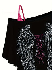 Gothic Bodycon 2pc Set Wings Pattern Slanted Shoulder Tops & Dress