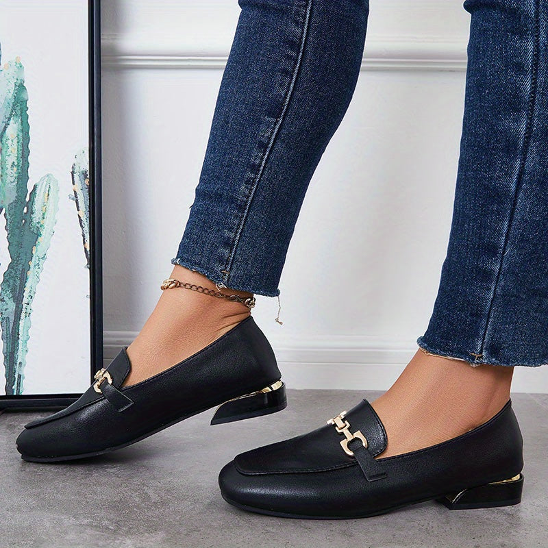 Women's Square Toe Low Heel Loafers with Buckle, Soft Sole Slip On Shoes