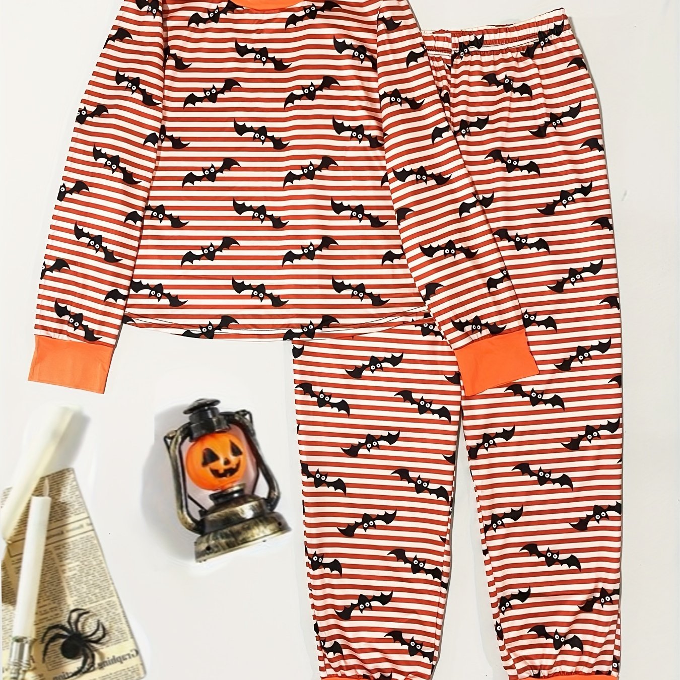  Stripe & Bat Print Pajama Set Long Sleeve Top & Pants