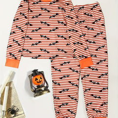  Stripe & Bat Print Pajama Set Long Sleeve Top & Pants