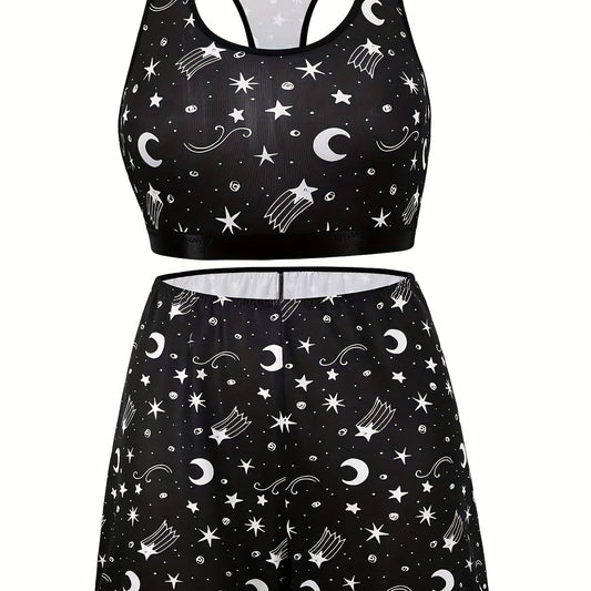  Moon & Star Print Racer Back Crop Top & Shorts Underwear Set