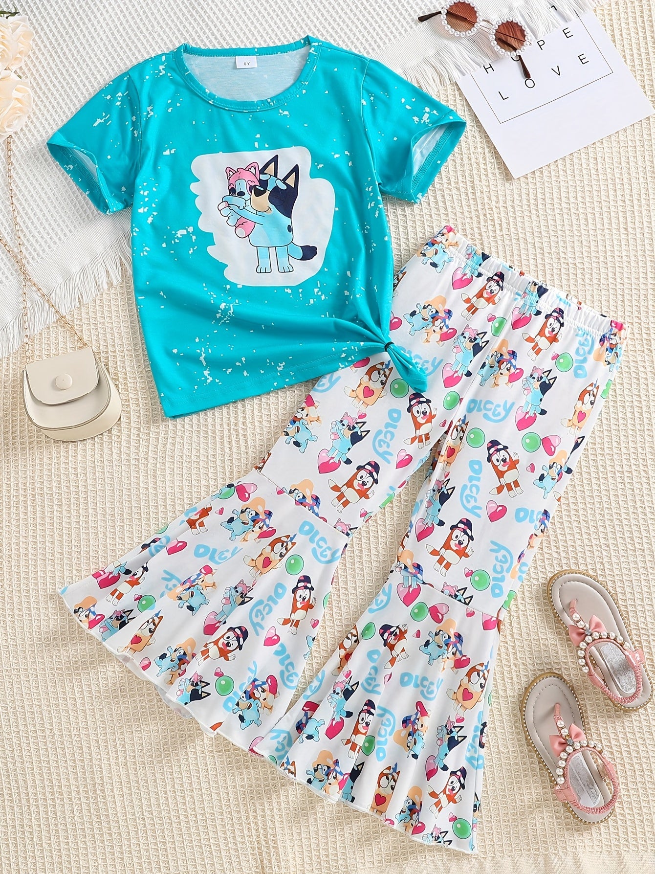 2 Pack Toddler Girls Tie Dyed Bell Bottom Suit Short Sleeve Tee & Pants Set