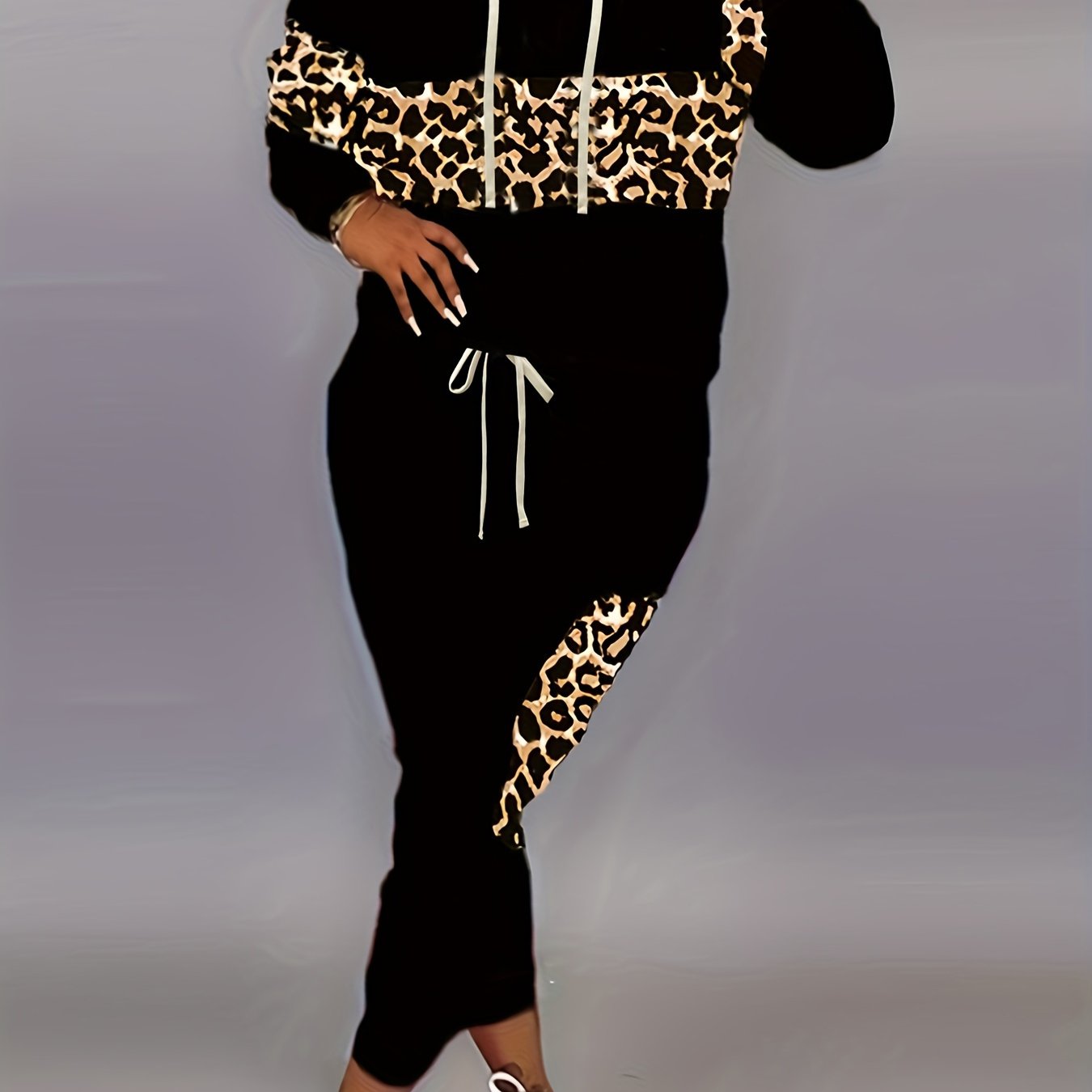 Women's Plus Leopard Print Hoodie & Pants Outfits 2 Piece Set