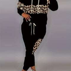 Women's Plus Leopard Print Hoodie & Pants Outfits 2 Piece Set