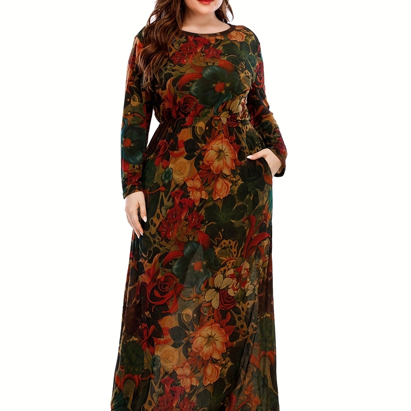  Allover Print Long Sleeve Maxi Dress With Pockets