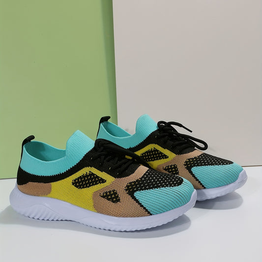 Women's Knit Sneakers Lace Up Running Shoes Breathable Non-slip Colorblock Shoes