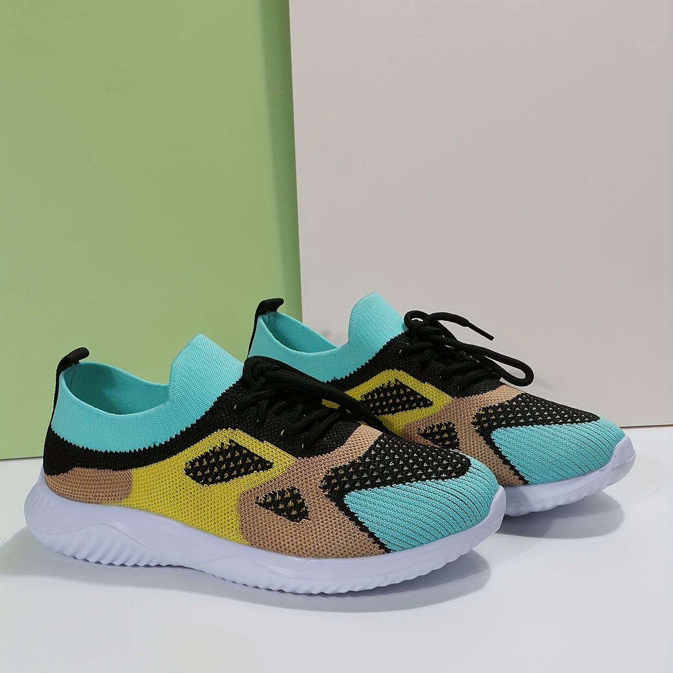 Women's Knit Sneakers Lace Up Running Shoes Breathable Non-slip Colorblock Shoes