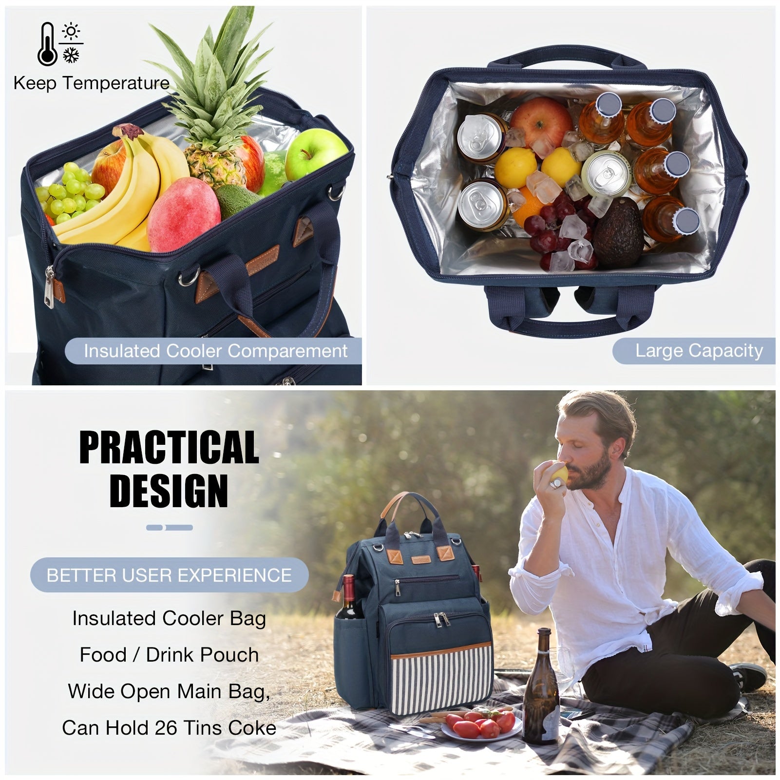 Picnic Backpack Bag for 4 Insulated Cooler Pouch Wooden Cutlery