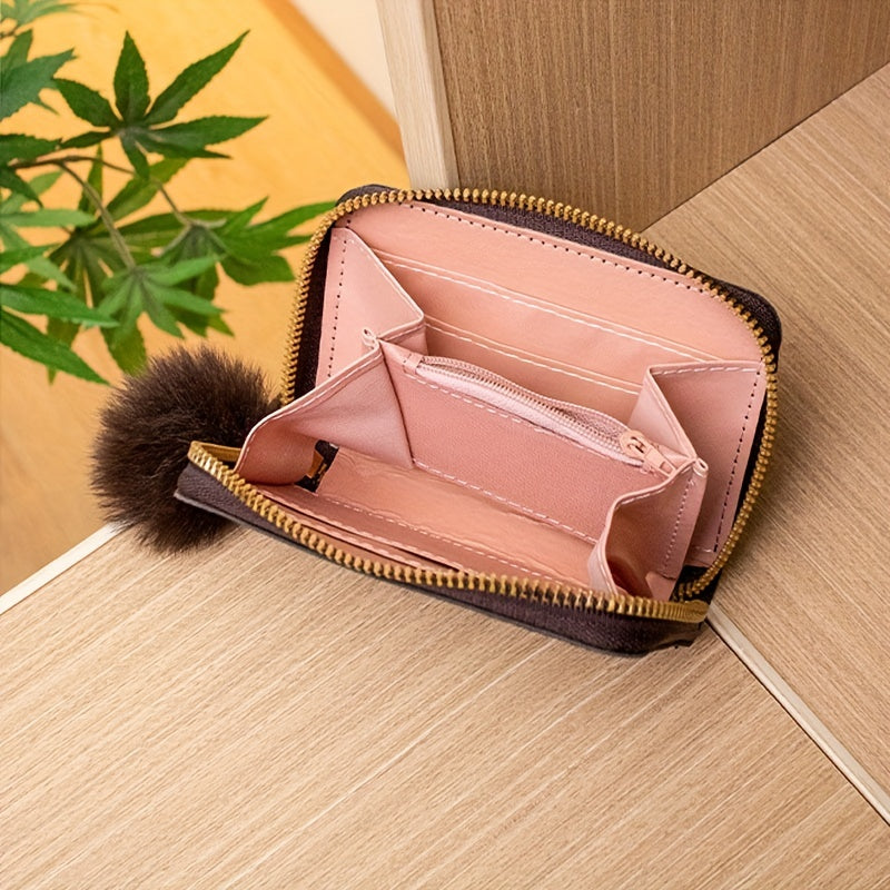 Vintage Zip Around Coin Purse with Pom Pom
