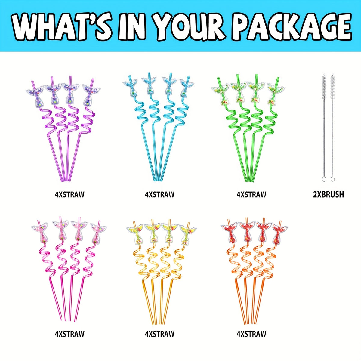 24pcs Mermaid Reusable Straws with Brush for Milk Water Drinking