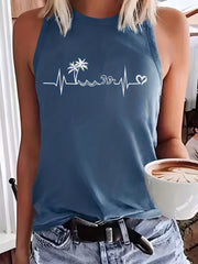 Coconut Tree Print Tank Top Crew Neck Sleeveless Casual