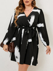  Brush Print Lantern Sleeve Knee Length Dress with Belt