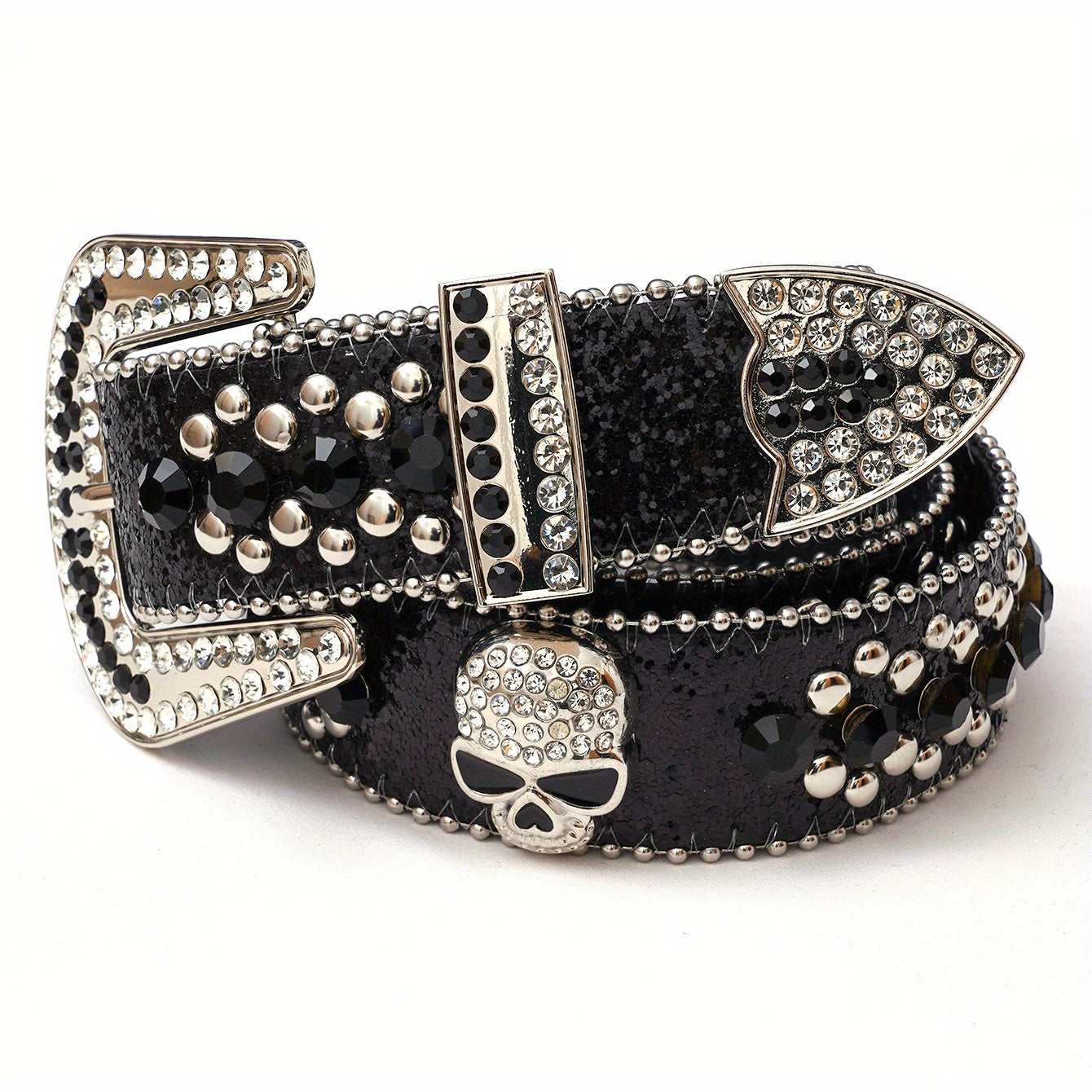 Skull Rivet Rhinestone Belt Hip Hop PU Leather Western Cowboy Cowgirl Bling Belt