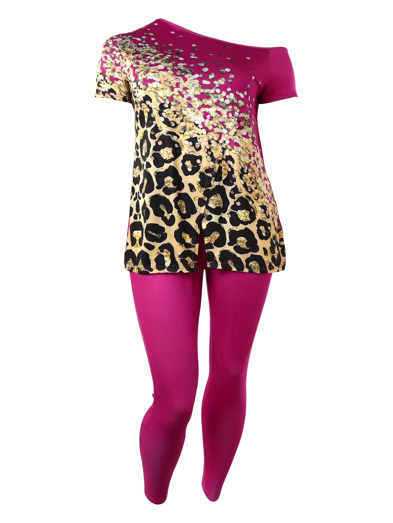  Leopard Print One Shoulder Top & Leggings Set