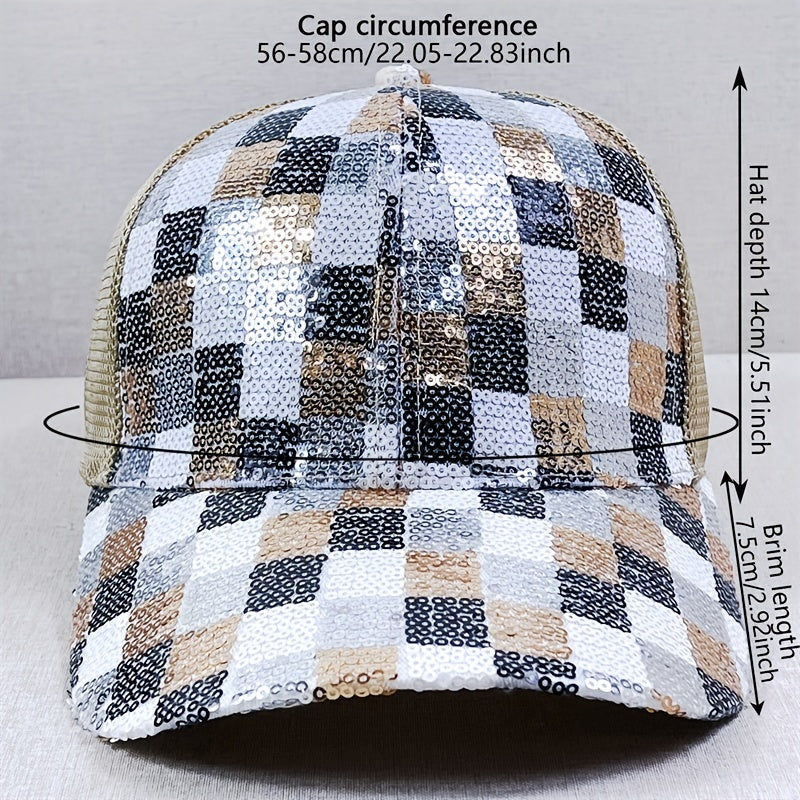Sequin Block Trucker Hat Y2K Mesh Breathable Sunshade Baseball Cap
