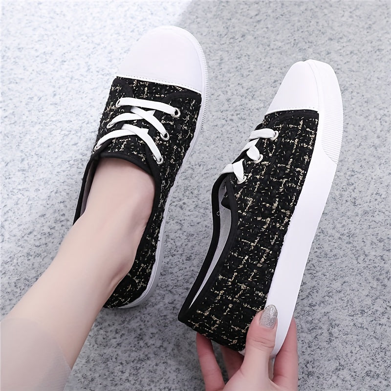 Women's Tweed Flat Sneakers Lace Up Casual Walking Shoes