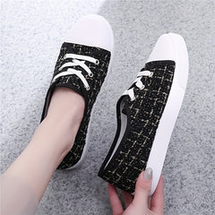 Women's Tweed Flat Sneakers Lace Up Casual Walking Shoes