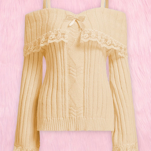 Sweetheart Neck Sweater with Lace Stitching