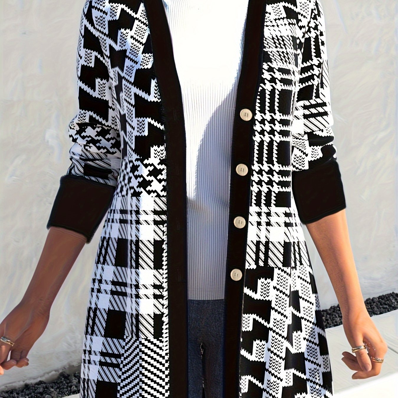  Geometric Print Cardigan Long Sleeve Button Up
