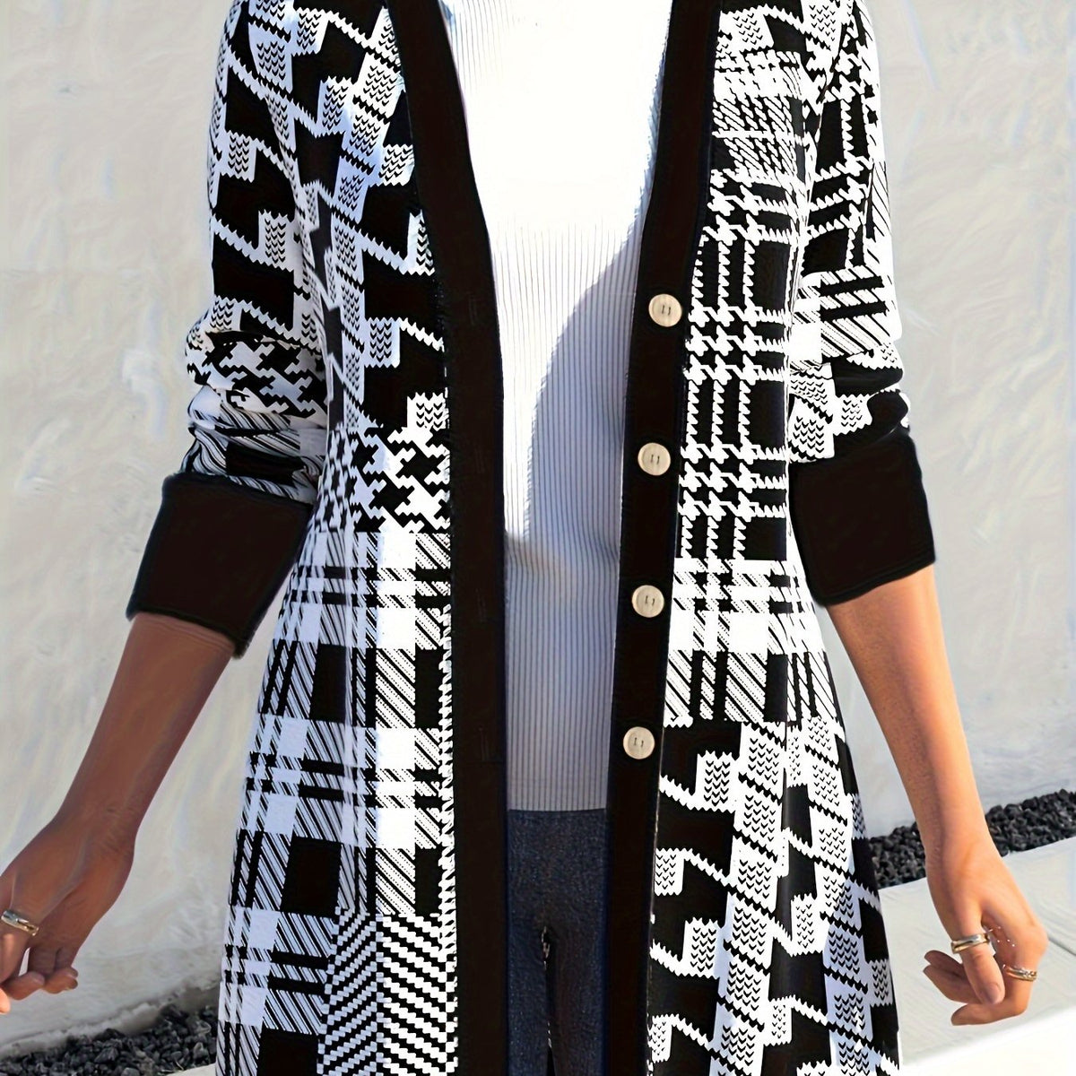  Geometric Print Cardigan Long Sleeve Button Up