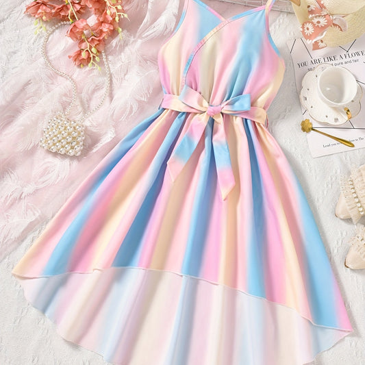 Girls' Rainbow V-Neck Dress High Low Belted Cami for Vacation Summer