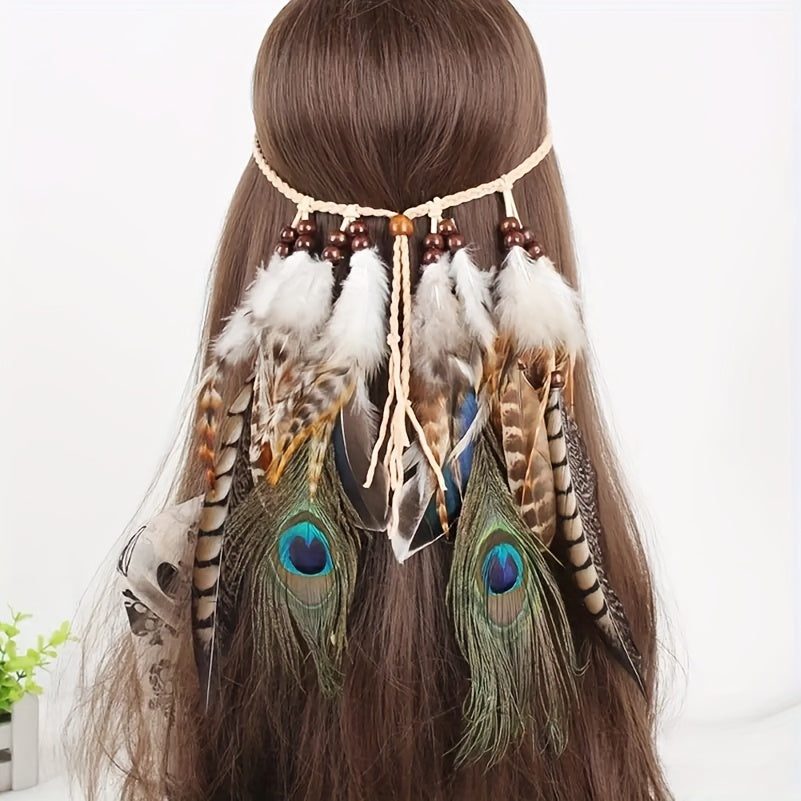 Boho Style Hand Woven Head Rope Peacock Feather Design