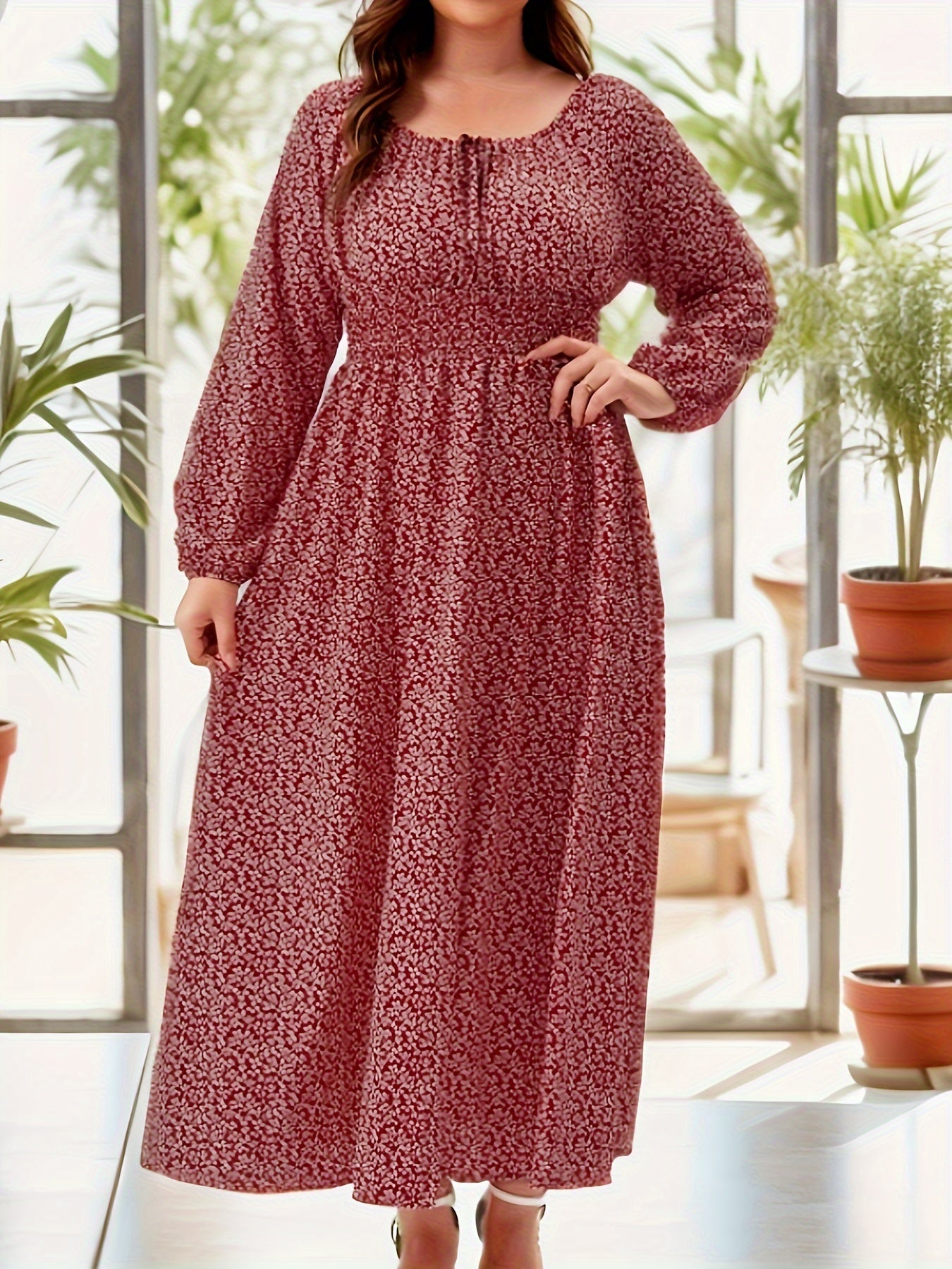  Casual Allover Print Long Sleeve Maxi Dress