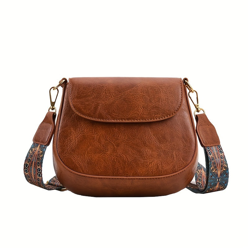 Vintage Solid Saddle Bag Minimalist Shoulder Bag Retro Pattern Strap