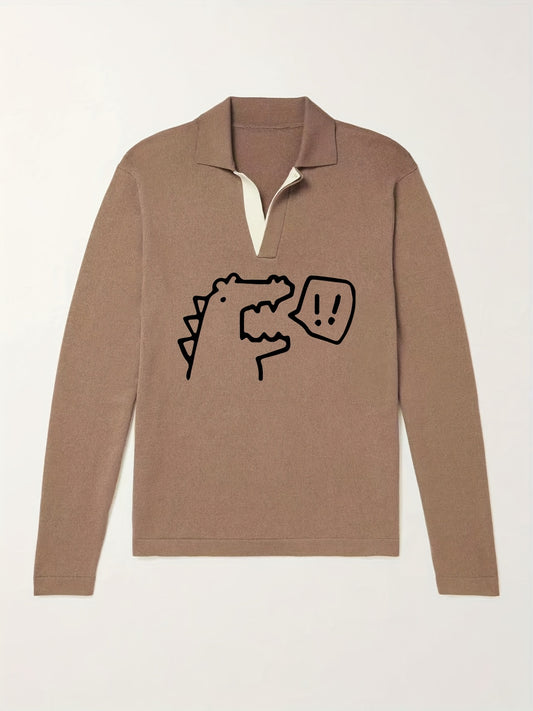 Dino Pattern Knit Polo Shirt Men's Casual Sweater