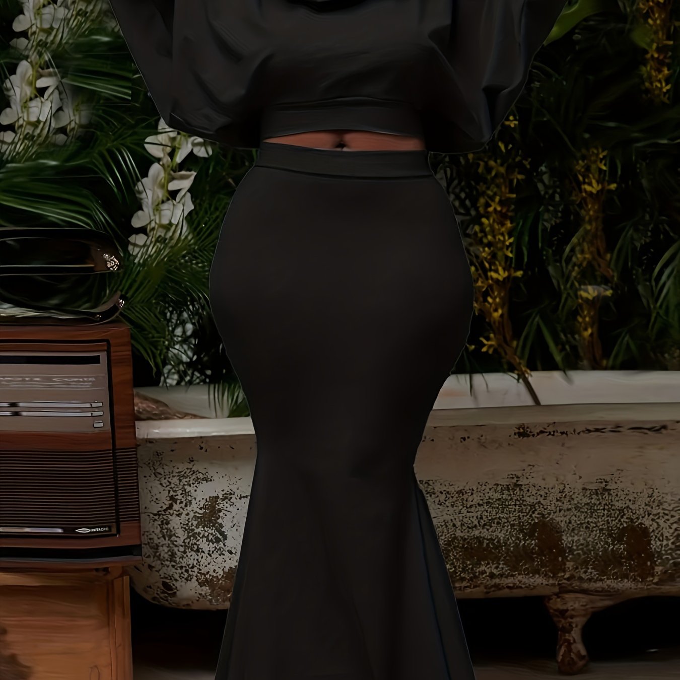  Solid Batwing Sleeve Hooded Crop Top & Maxi Mermaid Skirt Set