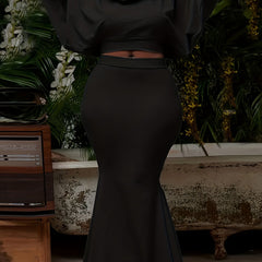  Solid Batwing Sleeve Hooded Crop Top & Maxi Mermaid Skirt Set