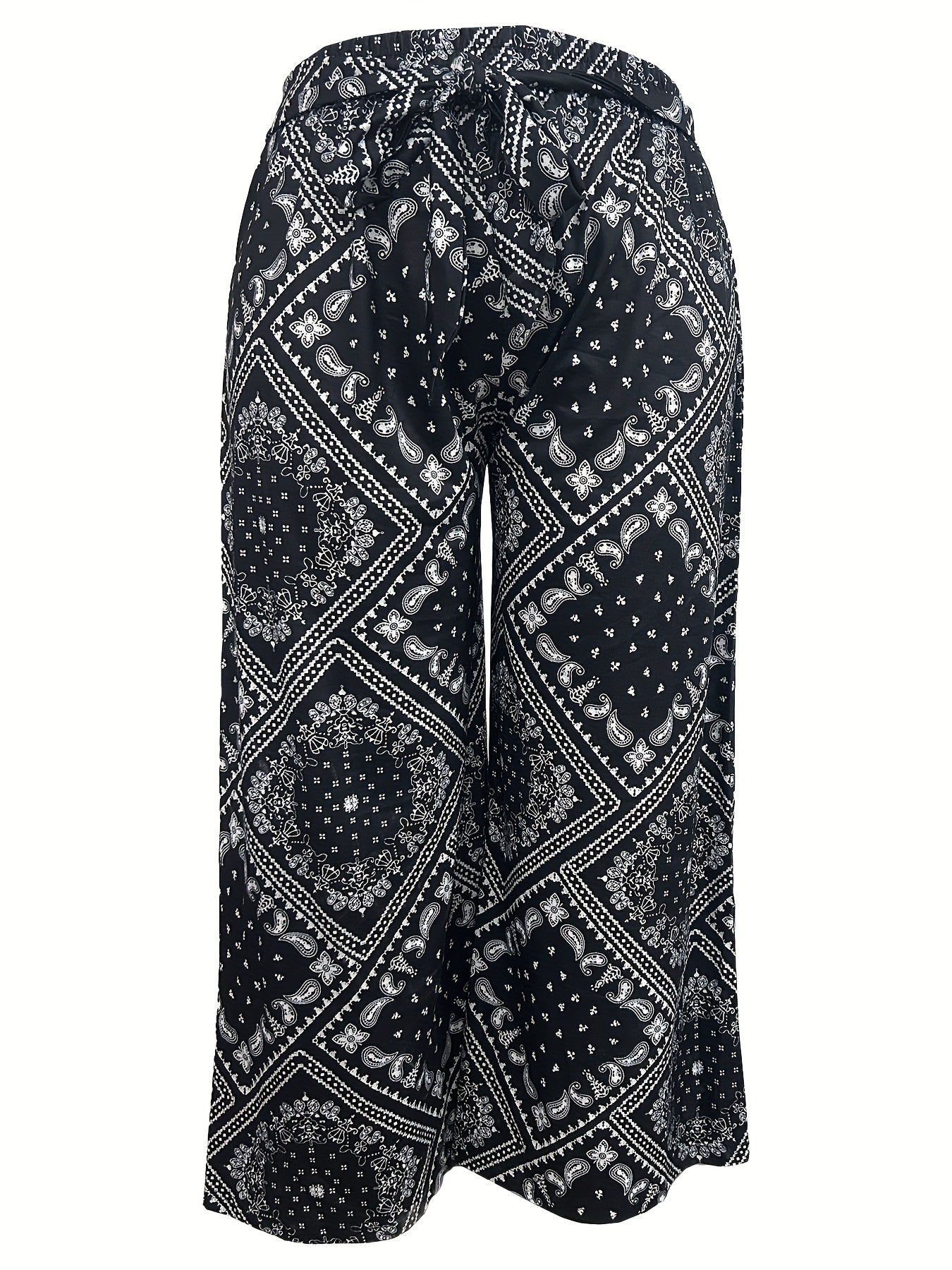 Patchwork Print Belted High Rise Wide Leg Crop Trousers