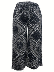 Patchwork Print Belted High Rise Wide Leg Crop Trousers