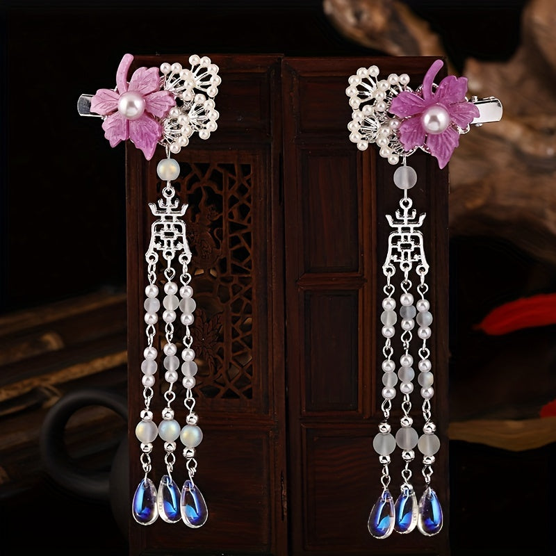 Maple Leaf Hair Clip Faux Pearl Beaded Pendant Ancient Costume Accessory