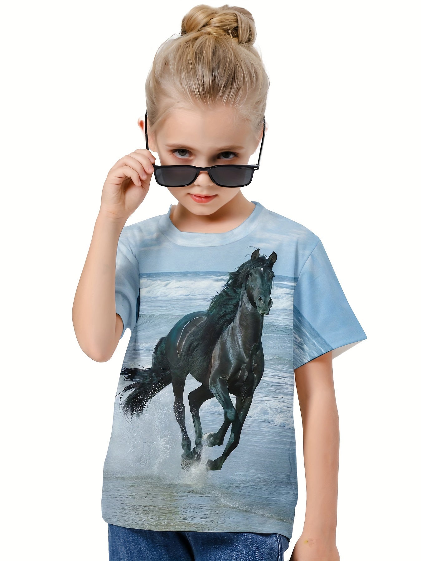 3D Horse On The Beach Graphic Short Sleeve T shirt Boys Girls Summer Pullover