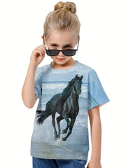 3D Horse On The Beach Graphic Short Sleeve T shirt Boys Girls Summer Pullover