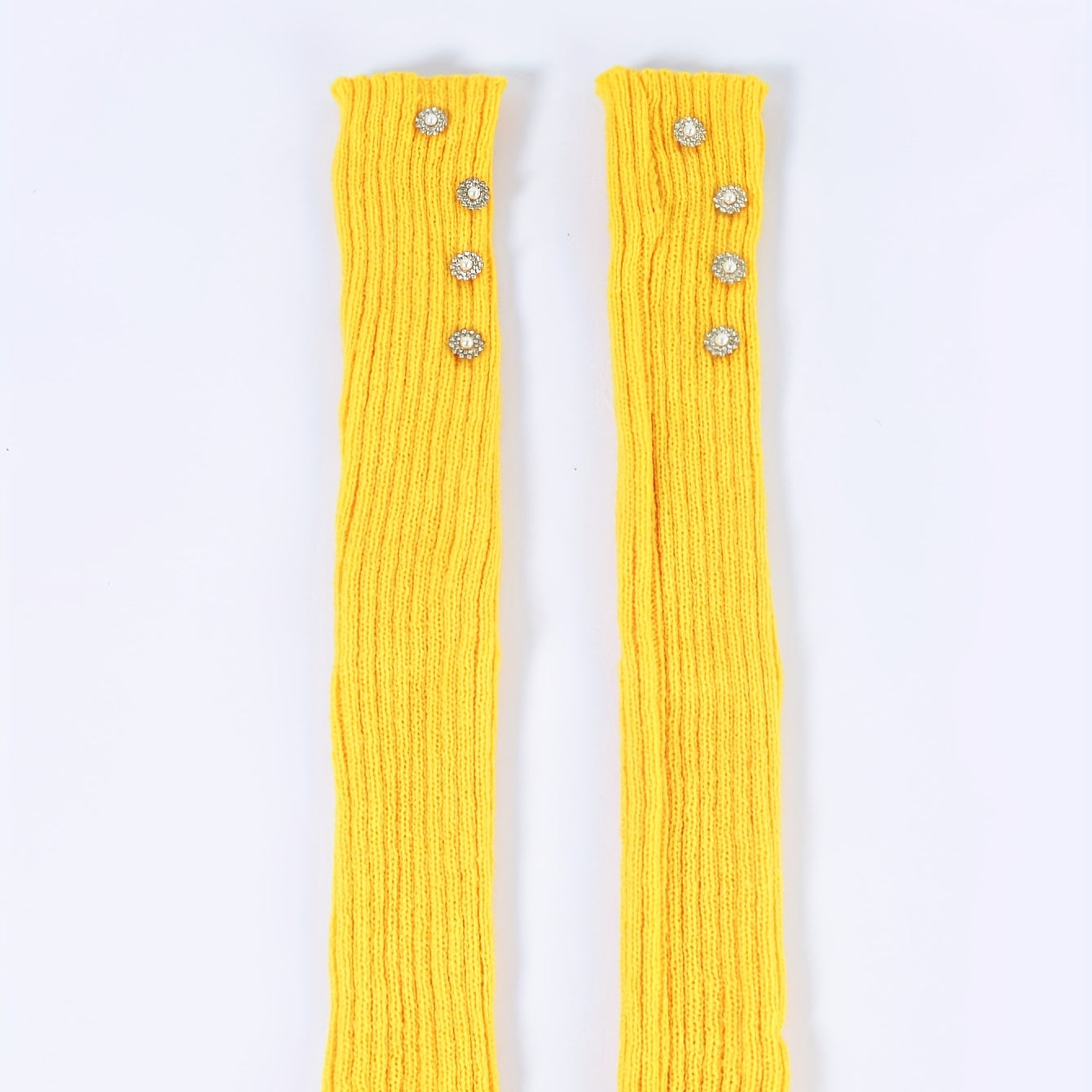 Yellow Knit Fingerless Gloves Y2K Pearl Flower Detail Warm Elastic