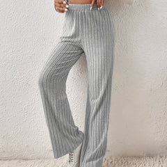  Solid Ribbed High Rise Straight Leg Trousers