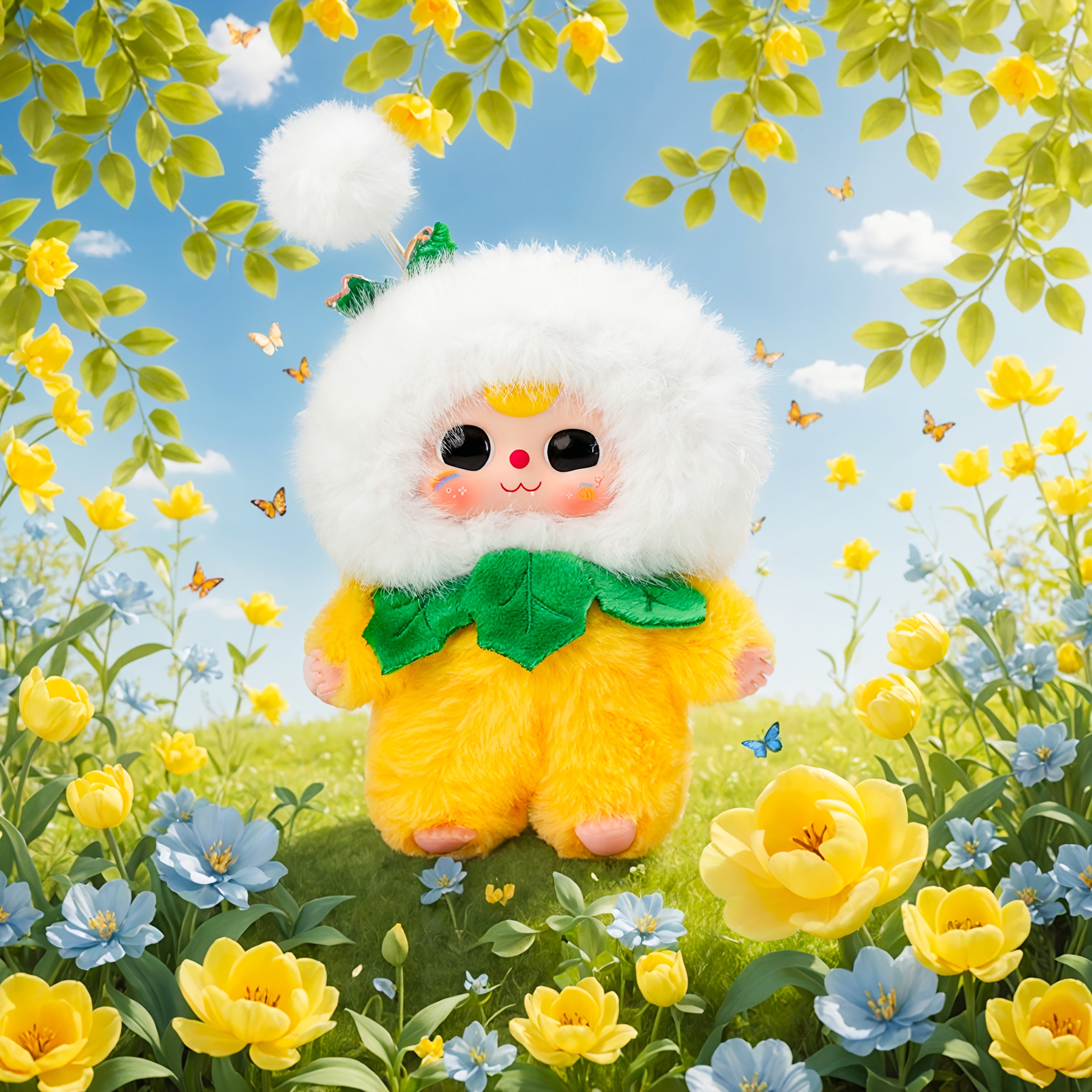 Creative Longear Rabbit Plush Toy with Expressive Eyes & Floral Accents