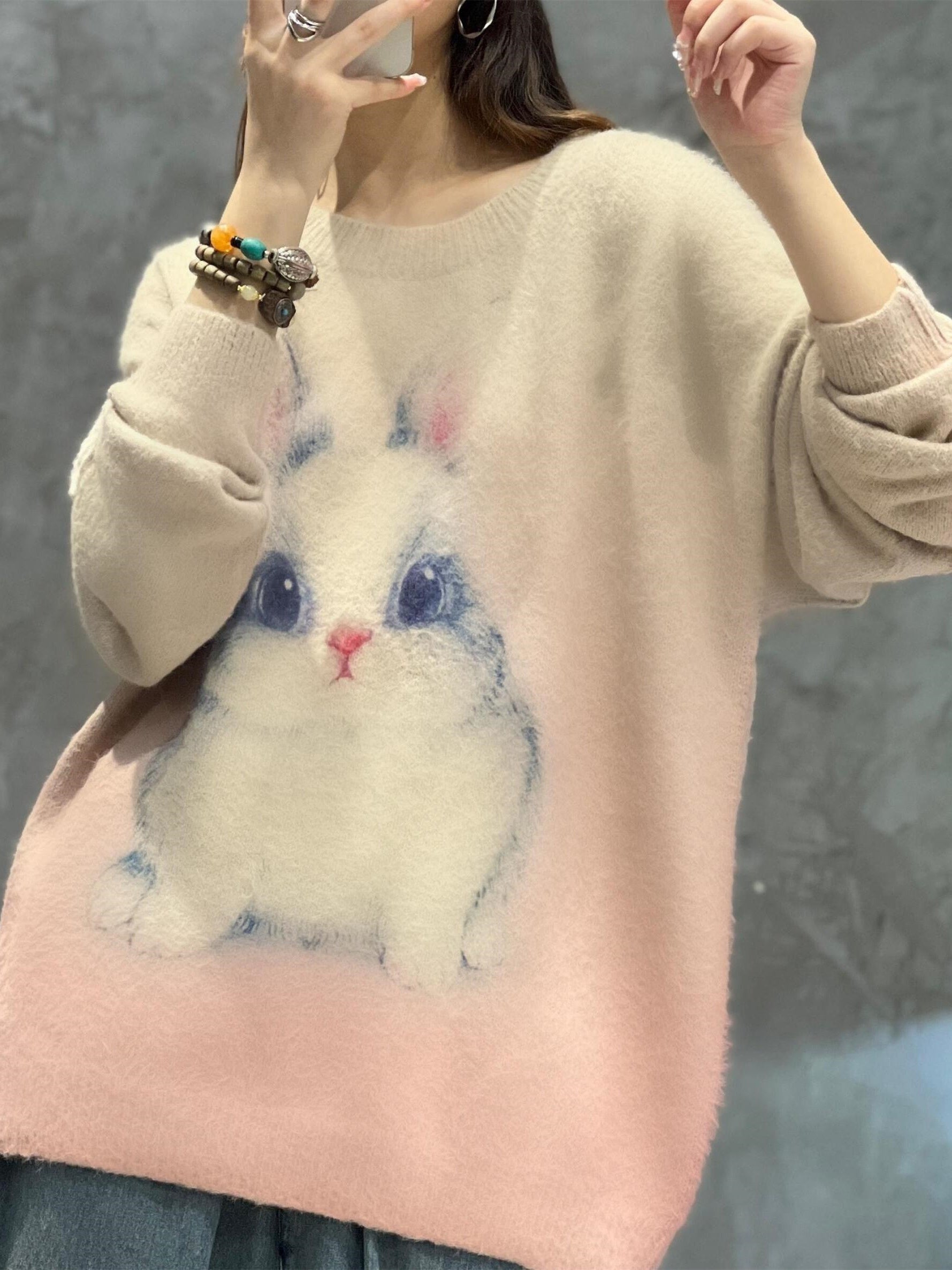  Rabbit Print Long Sleeve Round Neck Jumper