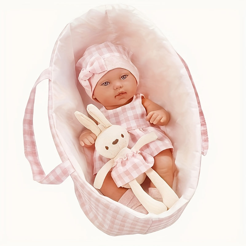Plaid Sleeping Basket & Doll Set with Carry Crib