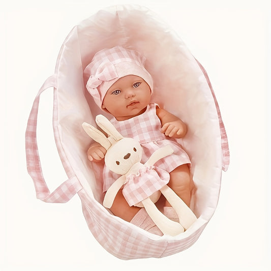 Plaid Sleeping Basket & Doll Set with Carry Crib